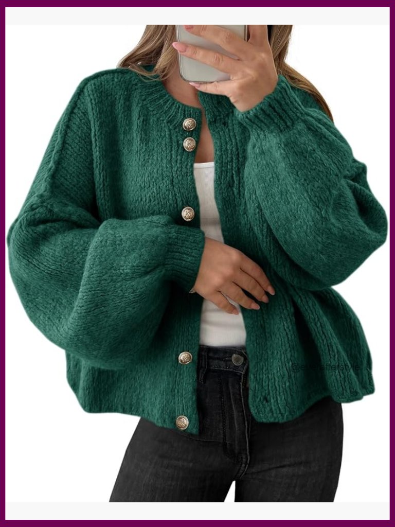 Oversized Chunky Knit Cardigan With Button Closure And Long Lantern Sleeves,